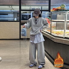 批发官图 加绒拼接假两件<b class='q'>卫衣</b><b class='q'>套装</b>设计感格子屁帘加绒卫裤三件套