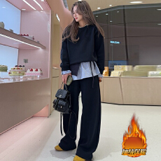 批发官图 复古拼接假两件<b class='q'>卫衣</b><b class='q'>套装</b><b class='q'>女</b>秋冬新款格子屁帘加绒卫裤三件套