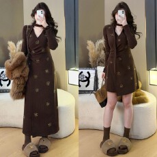 批发官图  法式<b class='q'>秋</b>冬新款重工烫钻德绒收腰连衣裙内搭显瘦中长款裙子