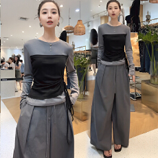 批发洋气假两件长袖上衣女2025春秋新款<b class='q'>气质</b>系带收腰阔腿裤套装