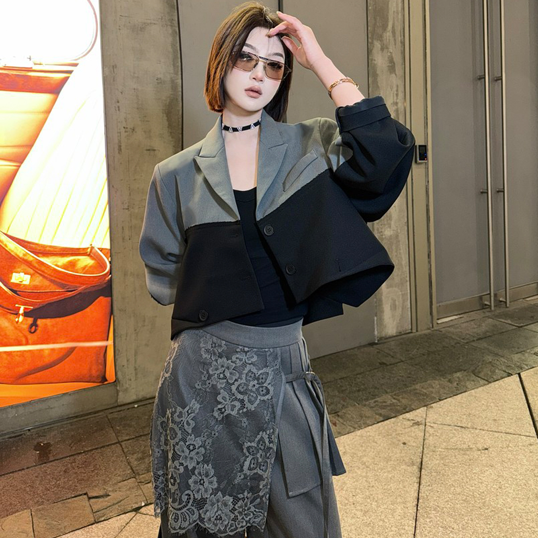 경관 그림 이른 봄 새로운 작은 대중 디자인 품격 패션 패치워크 색상 둘 착용 정장 망사 패치워크 랩스커트팬츠 와이드 레그 팬츠