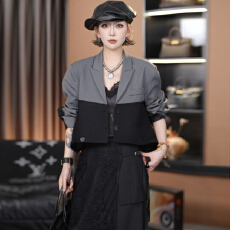 批发官图  早春新款小众设计气质时尚拼色两穿<b class='q'>西装</b><b class='q'>蕾丝</b>拼接屁帘阔腿裤