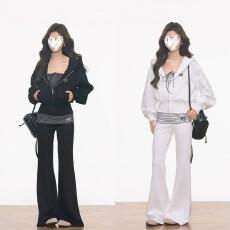 批发官图  韩系休闲风连帽修身开衫上衣高腰显瘦微喇<b class='q'>裤</b>运动套装三件套