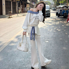 批发官图  2026春季新款蓝色条纹<b class='q'>翻领</b>斜肩字母印花长袖+阔腿裤两件套