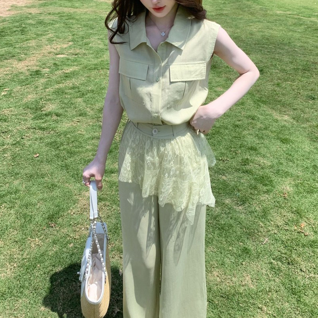 경관 그림 2026 여름 느슨함 오래된 돈 바람 패션 세트 민소매 셔츠 레이스 피 커튼 와이드 레그 팬츠 3종 세트