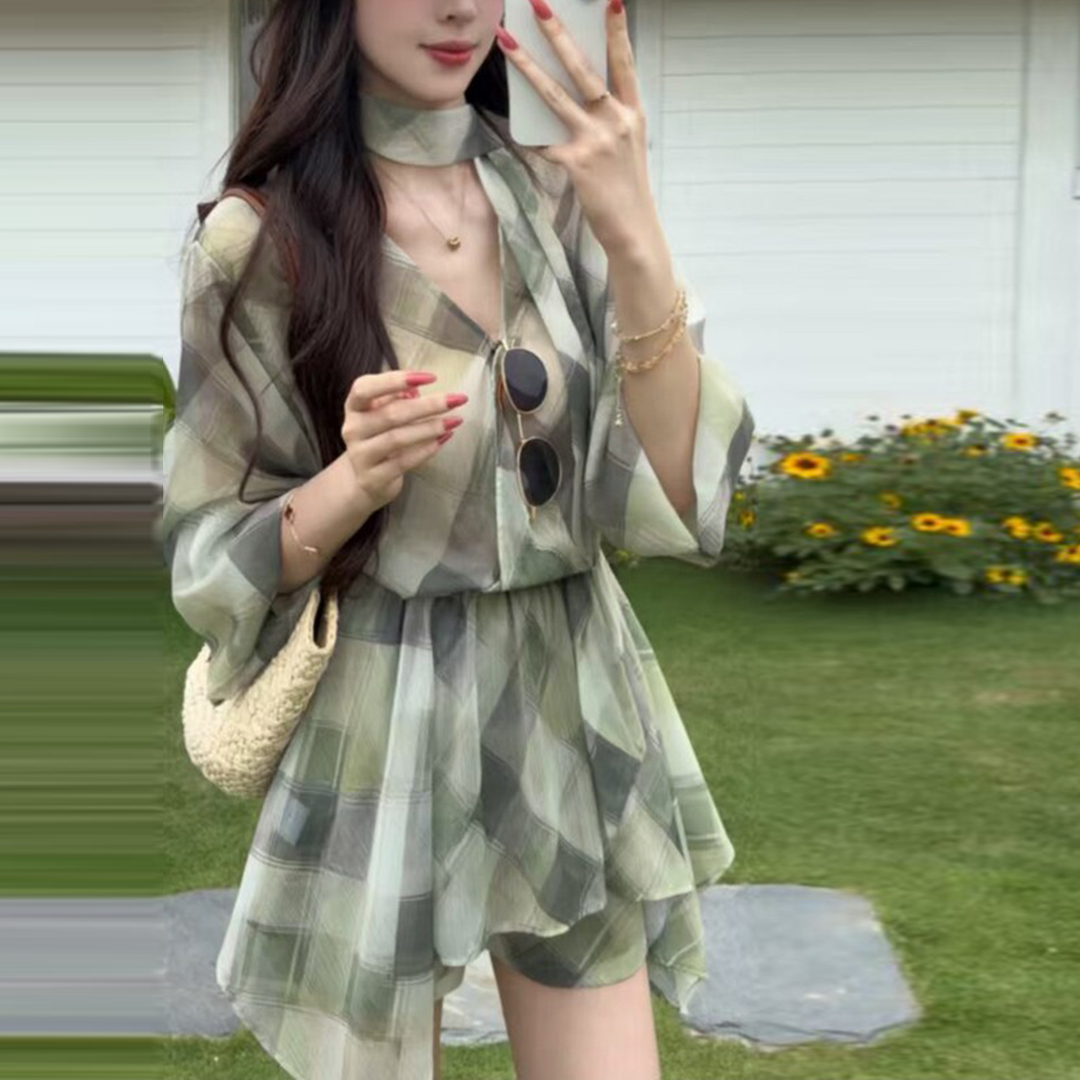 경관 그림 2026 여름 새로운 프랑스식 낭만주의 바람 레트로 리본 체크무늬 드레스 반바지 투피스 세트