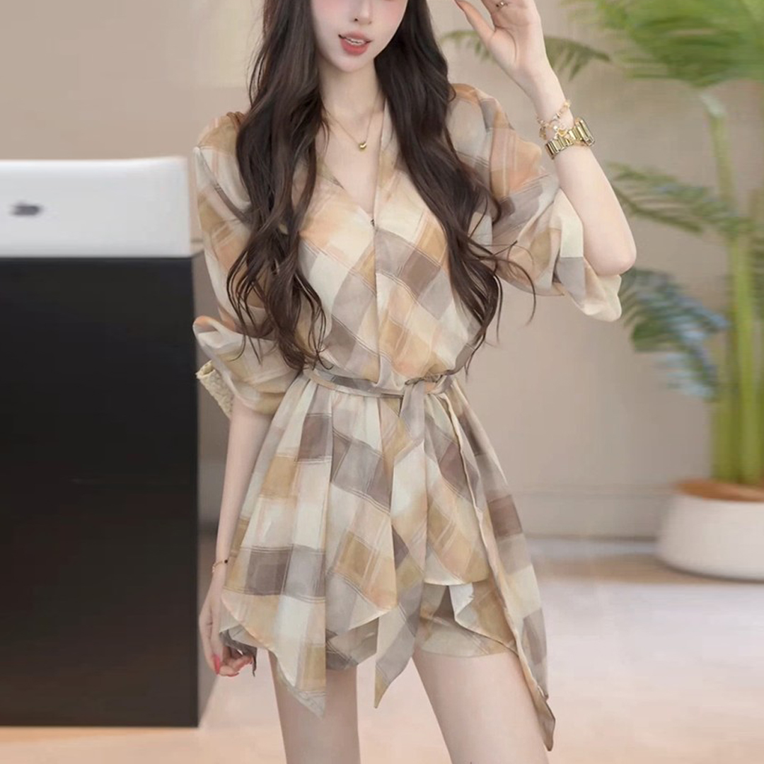 경관 그림 2026 여름 새로운 프랑스식 낭만주의 바람 레트로 리본 체크무늬 드레스 반바지 투피스 세트