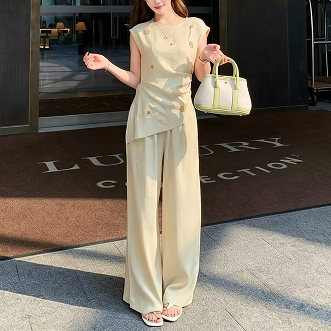 경관 그림 2026 여름 새로운 품격 허리 수축 슬림해 보이는 불규칙 경 사진 맨위 하이웨이스트 와이드 레그 팬츠 투피스 세트