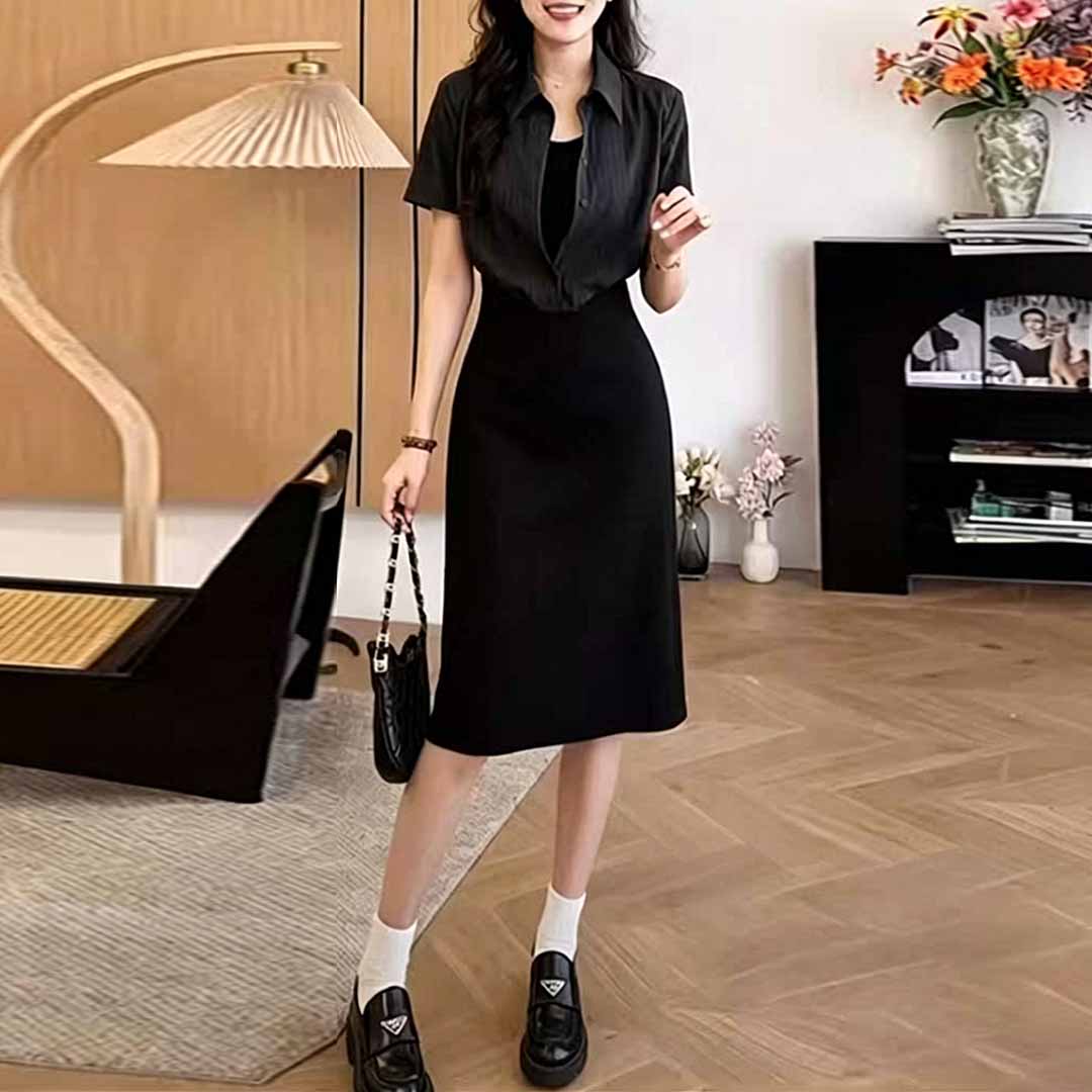경관 그림 2026 여름 새로운 세로 줄무늬 폴로 칼라 패치워크 높음 지혜 출퇴근 꼬집기 허리 슬림해 보이는 다용도 드레스