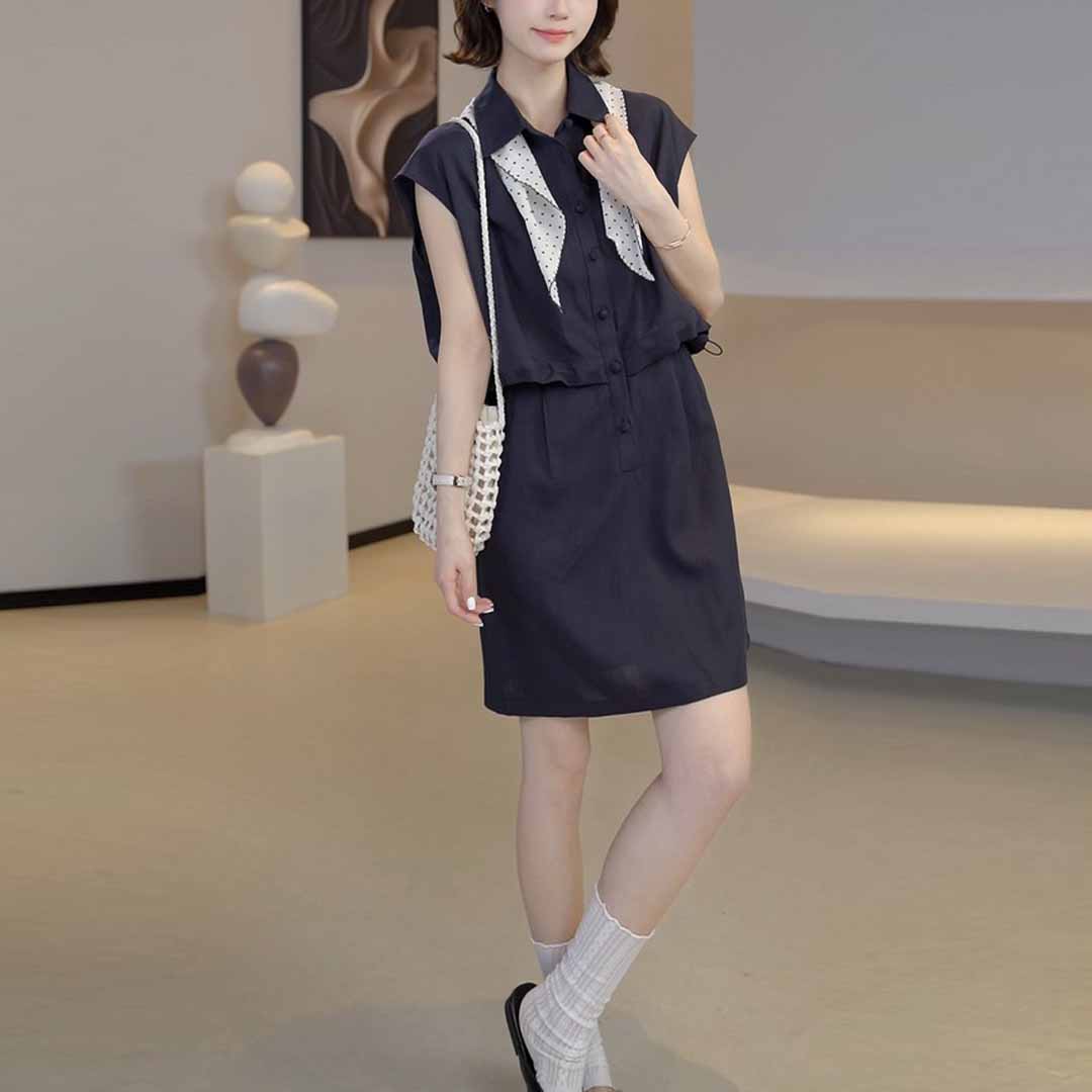 경관 그림 2026 여름 새로운 디자인 센스 드레스 페이크 레이어드 폴로 칼라 펌프 로프 허리 수축 슬림해 보이는 셔츠 드레스