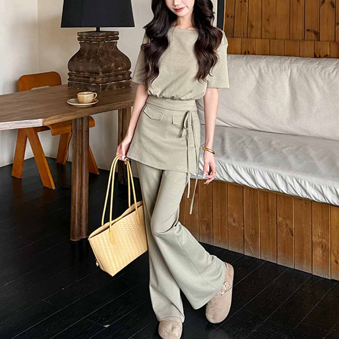 경관 그림 작은 키 2026 여름 새로운 보트넥 허리 수축 슬림해 보이는 맨위 디스플레이 높음 패치워크 긴 바지 투피스 세트