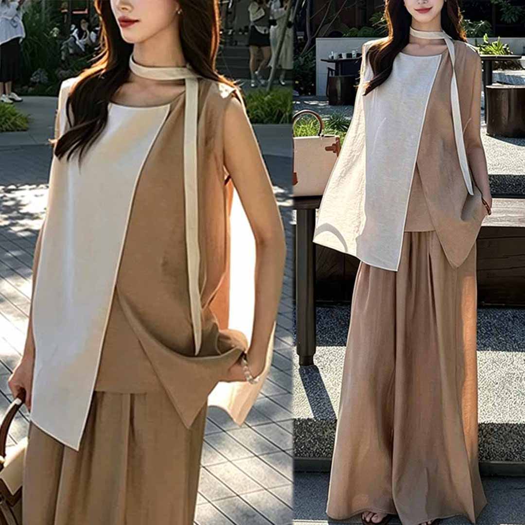 경관 그림 분위기 센스 계단식 디자인 맨위 블라우스 와이드 레그 팬츠 품격 슬림해 보이는 2026 여름 새로운 투피스 세트