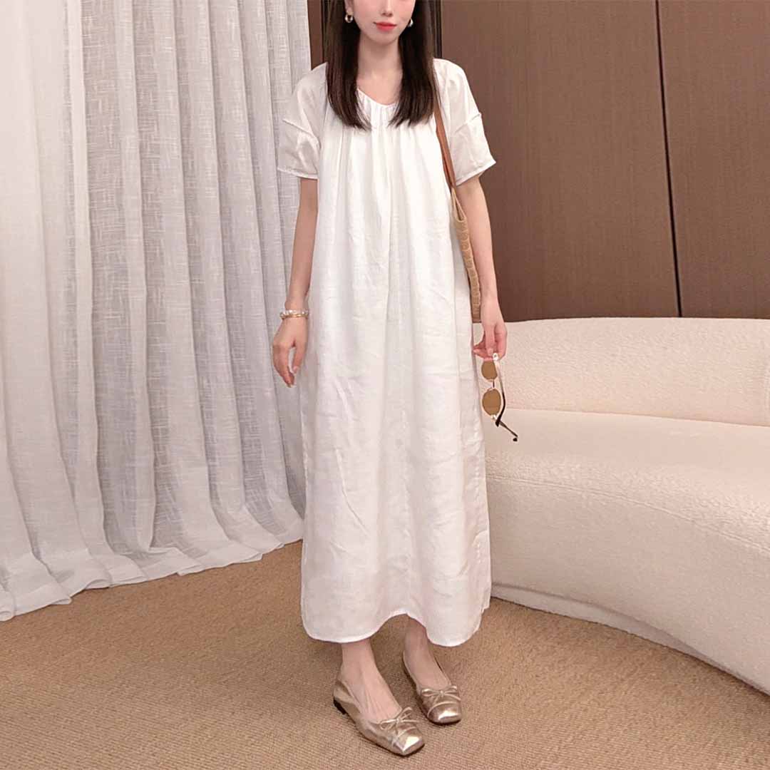 경관 그림 2026 여름 새로운 패션 한 부서 거품 소매 드레스 V넥 품격 반팔 점프 슈트 롱 스커트