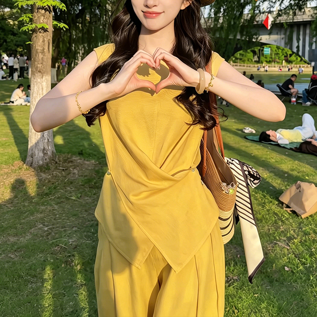 경관 그림 2026 여름 새로운 품격 패션 연령 감소 표지 고기 민소매 허리 수축 십자가 세트 도파민 색상
