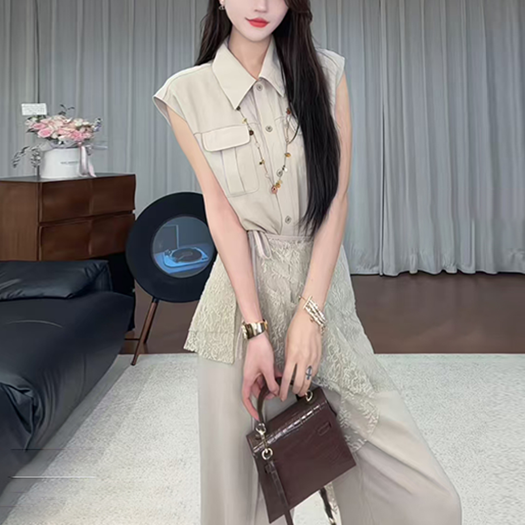 경관 그림 2026 여름 새로운 품격 민소매 셔츠 하이웨이스트 슬림해 보이는 스트레이트 와이드 레그 팬츠 망사 방귀 커튼 3종 세트