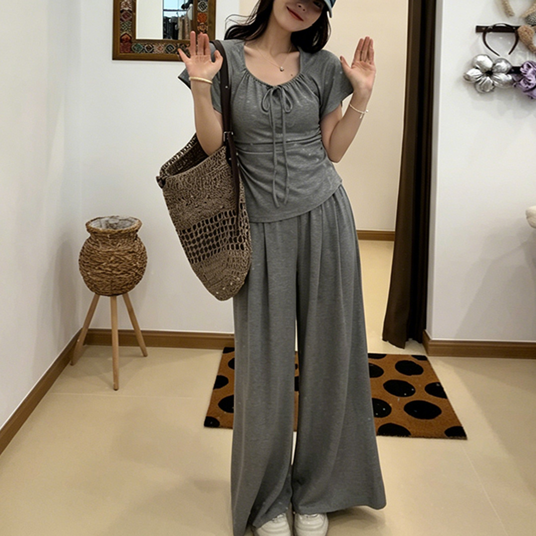 경관 그림 2026 여름 새로운 패션 슬림해 보이는 반팔 광장 칼라 맨위 허리밴드 넓은 다리 길이 바지 투피스 세트