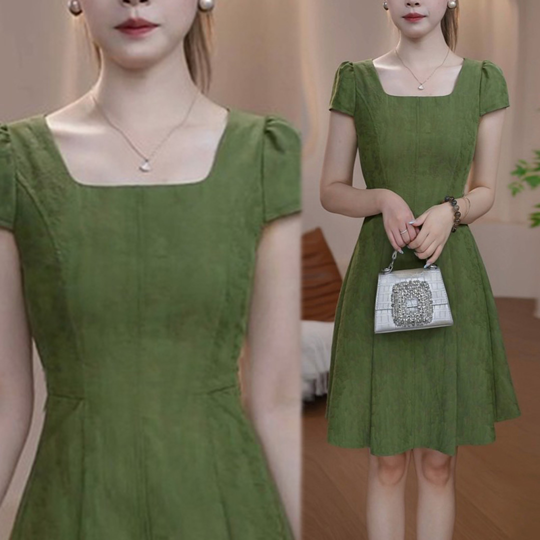 경관 그림 2026 여름 새로운 패션 품격 허리 수축 슬림해 보이는 출퇴근 프랑스식 광장 칼라 반팔 녹색 드레스
