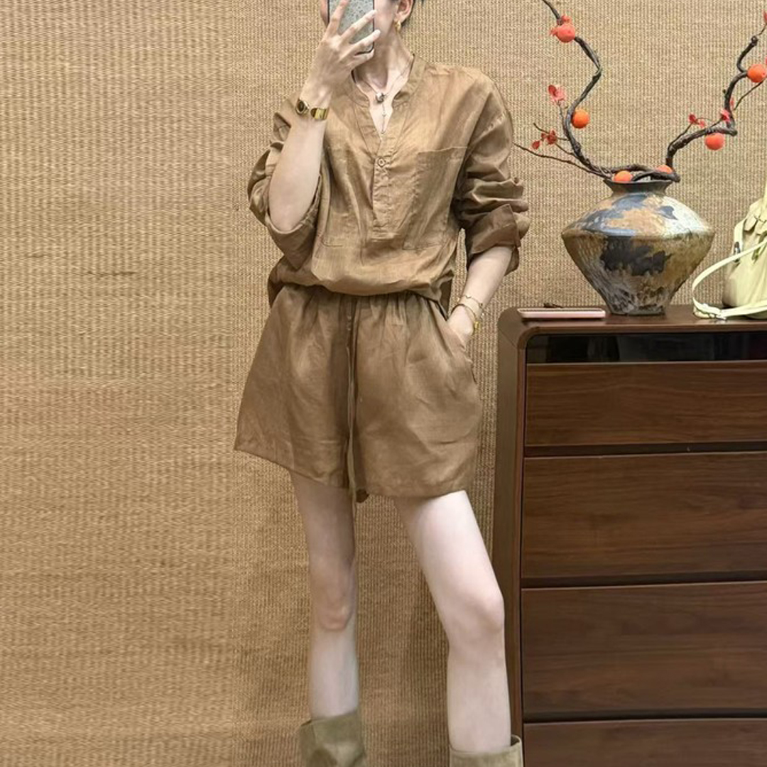 경관 그림 2026 여름 새로운 오래된 돈 바람 빛 럭셔리 세트 루즈핏 느긋한 얇은 스타일 V 넥 셔츠 반바지 투피스 세트