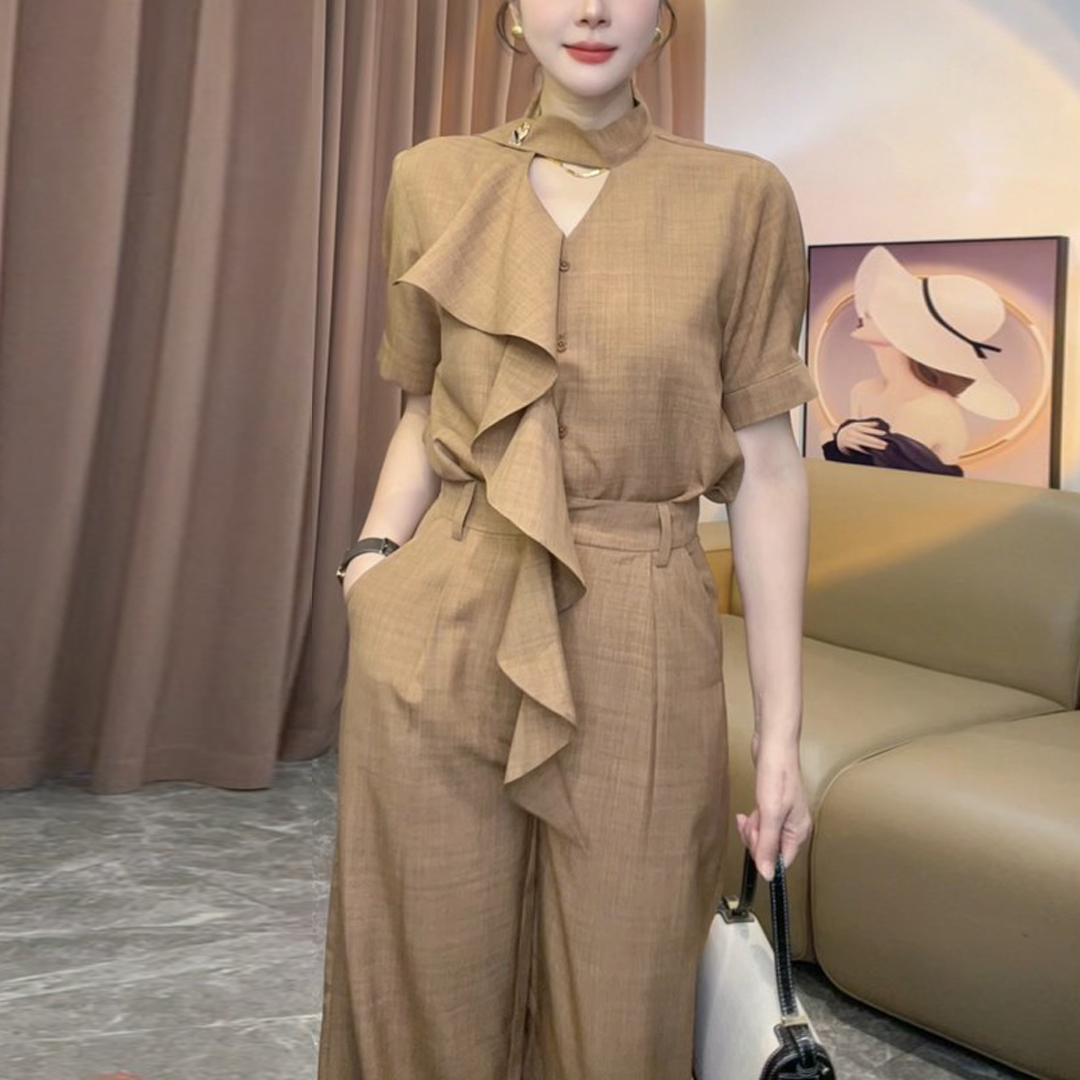 경관 그림 항구 바람 레트로 2026 여름 새로운 품격 카키 색 프릴 셔츠 와이드 레그 팬츠 투피스 세트