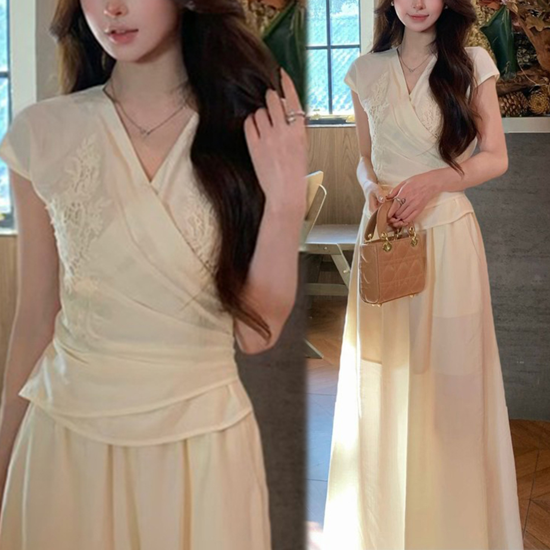 경관 그림 2026 여름 새로운 프랑스식 V넥 자수 패치워크 이후 레이스업 슬림해 보이는 맨위 도루 센스 치마바지 세트
