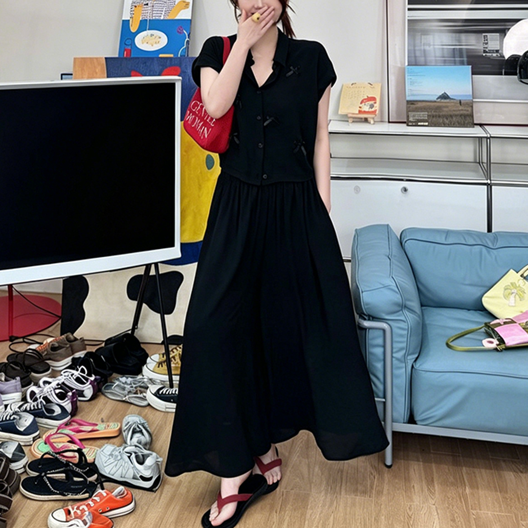 경관 그림 2026 여름 새로운 프랑스식 3 차원 나비 매듭 폴로 칼라 맨위 하이웨이스트 넓은 다리 캐주얼 바지 투피스 세트