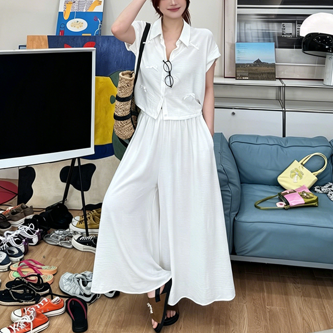 경관 그림 2026 여름 새로운 프랑스식 3 차원 나비 매듭 폴로 칼라 맨위 하이웨이스트 넓은 다리 캐주얼 바지 투피스 세트