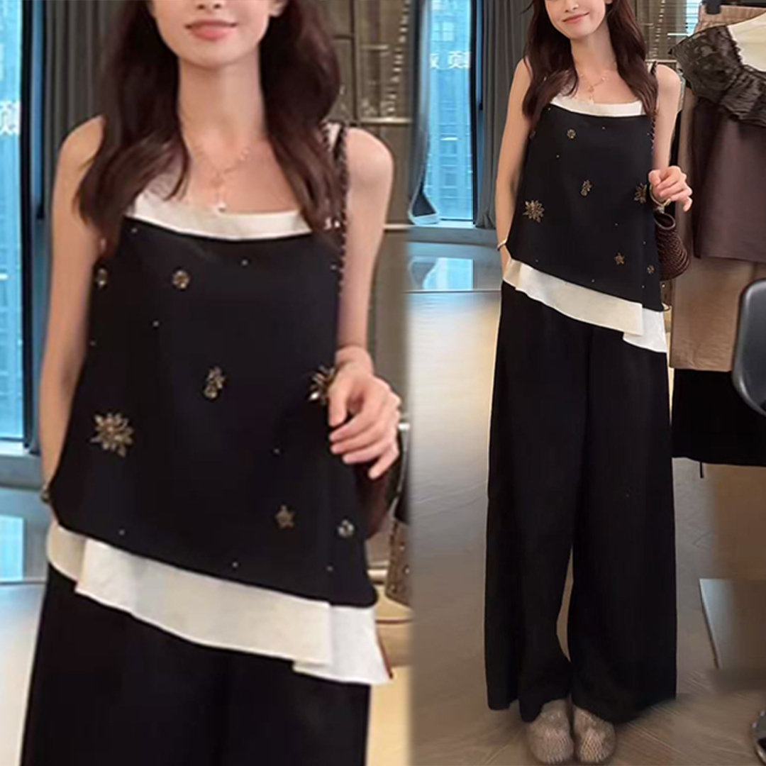 경관 그림 2026 여름 새로운 프랑스식 캐미솔 페이크 레이어드 민소매 맨위 하이웨이스트 와이드 레그 팬츠 세트