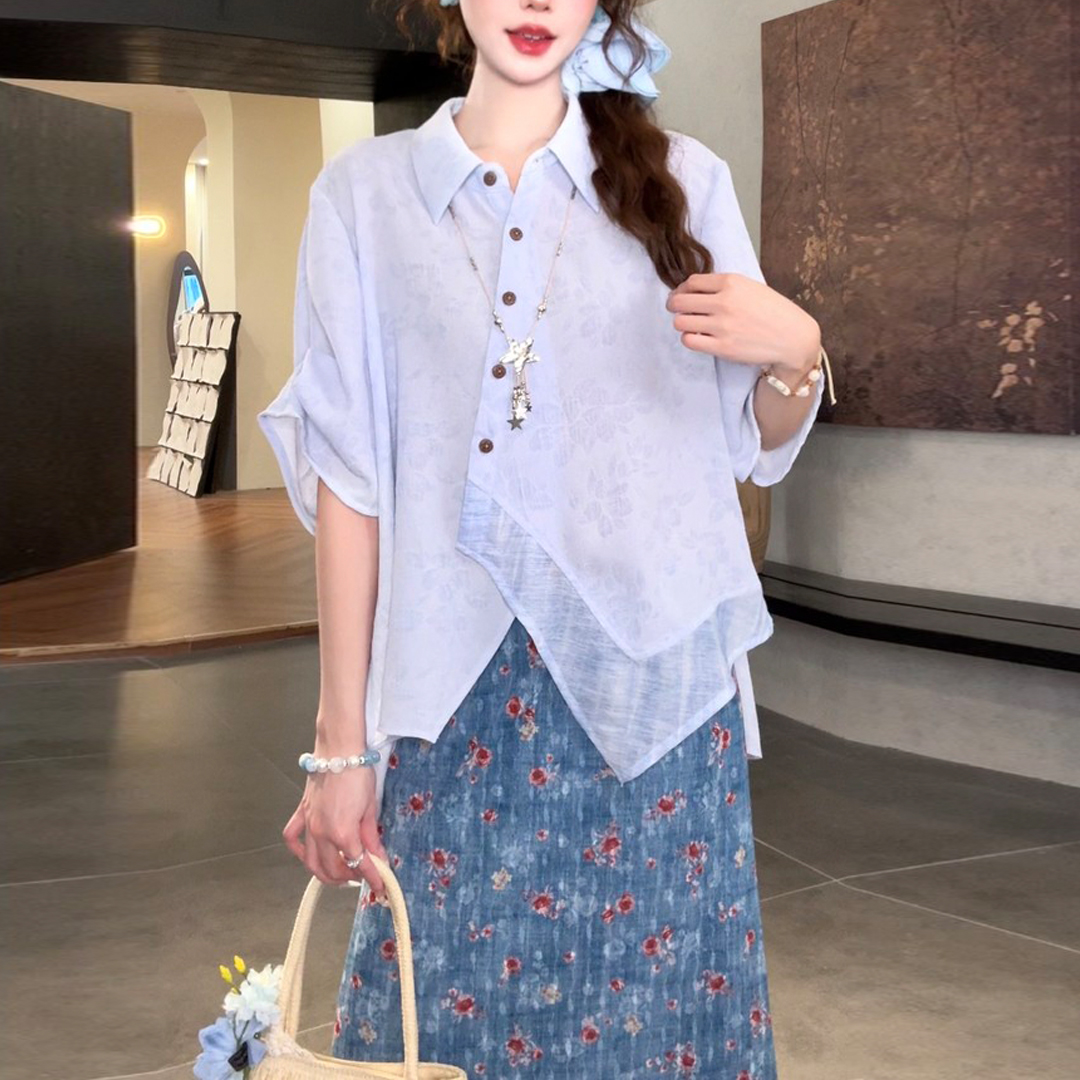 경관 그림 2026 여름 새로운 프랑스식 레트로 슬림해 보이는 디자인 센스 반팔 셔츠 꽃무늬 반신 치마 세트