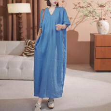 批发官图 法式简约通勤<b class='q'>连衣裙</b>女2026夏季新款V领宽松显瘦短袖长款裙子