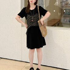 批发官图 微胖大码女装胖mm夏季新款假两件<b class='q'>连衣裙</b>黑色显瘦裙子