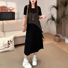 批发官图 微胖大码女装胖mm夏季新款假两件<b class='q'>连衣裙</b>黑色显瘦裙子