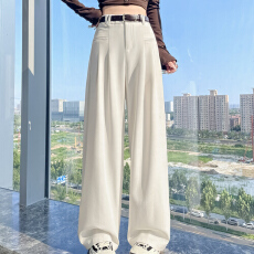 批发白色冰丝显瘦窄版西装裤女夏季薄款2026新款高腰休闲阔腿拖地裤子