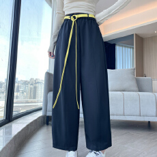 批发松紧腰休闲九分裤 宽松阔腿长裤 春秋简约百搭纯色 小个子送腰带