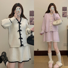 批发实拍大码春季女甜美风蝴蝶结长袖针织开衫+半身短裙两件套