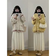 批发实拍大码秋冬甜美<b class='q'>可爱</b>连帽宽松显瘦毛衣外套+毛毛针织半身裙套装