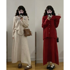 批发实拍大码秋<b class='q'>冬</b>温柔气质风珍珠扣麻花软糯针织衫上衣+半身裙两件套