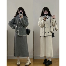 批发实拍大码秋冬高级感小香风针织毛呢外套配围巾+针织连衣<b class='q'>裙</b>两件套