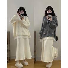 批发实拍大码秋<b class='q'>冬</b>甜美蝴蝶结蕾丝拼接针织开衫毛衣+针织半身裙两件套