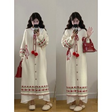 批发实拍大码冬<b class='q'>甜美</b>减龄小红帽刺绣加厚针织长毛衣外套+衬衫裙两件套