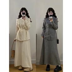 批发实拍大码法式高级设计感慵懒风不规则系带针织衫毛衣+<b class='q'>半身裙</b>套装