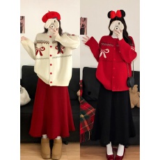 批发实拍大码冬季韩系圣诞氛围感蝴蝶结提花针织开衫毛衣+半身裙套装