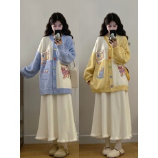 批发实拍大码<b class='q'>甜美</b>可爱风刺绣猫咪撞色针织毛衣开衫+针织半身裙两件套