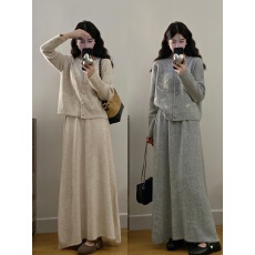 批发实拍大码冬季韩系慵懒风刺绣花朵针织软糯毛衣开衫+半身裙两件套