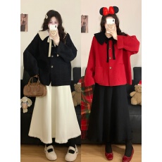 批发实拍大码冬季韩版高级感娃娃领加厚针织毛呢外套+针织半身裙套装