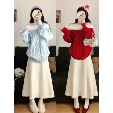 批发实拍大码冬韩系气质高级感毛领绞花一字肩针织毛衣+半身裙两件套