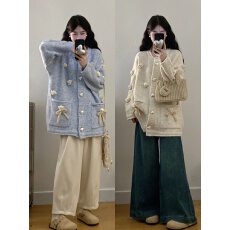 批发实拍大码冬季甜美可爱风卡通重工立体小熊蝴蝶结针织衫毛衣外套