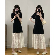 批发实拍大码胖MM夏季气质高级感显瘦法式下摆蝴蝶<b class='q'>蕾丝</b>拼接短袖连衣裙