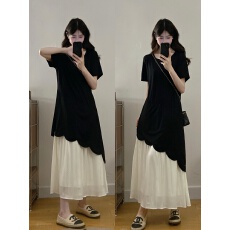 批发实拍大码【暮夜星光】法式拼接花瓣连衣裙宽松显瘦慵懒撞色长裙