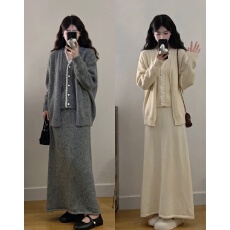 批发实拍大码秋冬法式气质蕾丝花边针织<b class='q'>马甲</b>开衫半身长裙时尚三件套