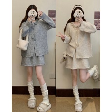 批发实拍大码秋冬宽松慵懒风针织衫<b class='q'>甜美</b>立体花朵毛衣女+半身裙套装